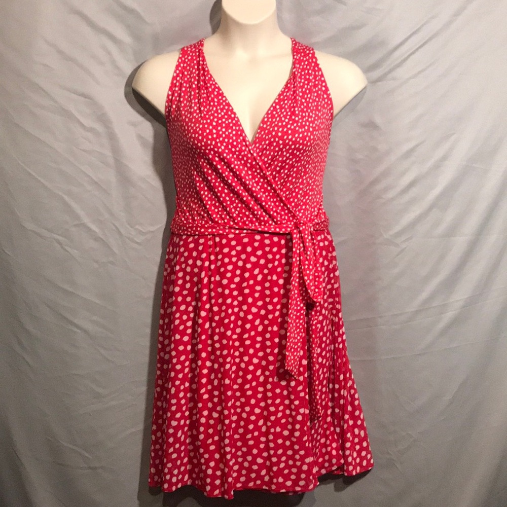 New York & co faux wrap dress pink w/ polka dots